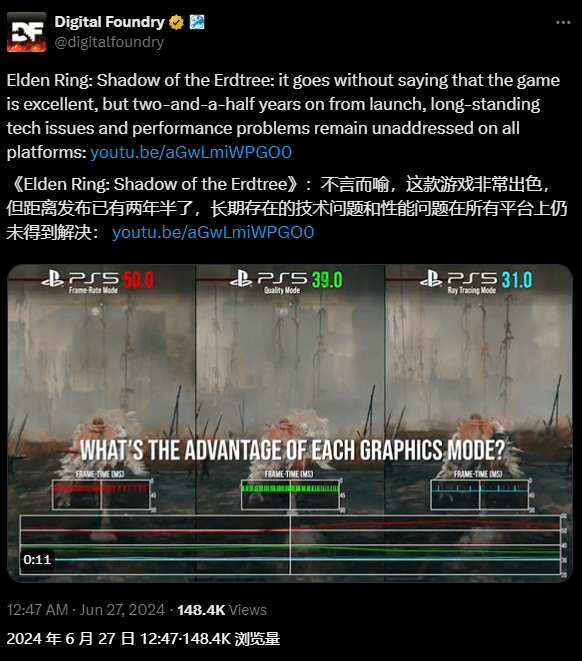 数毛社发文：《艾尔登法环》技术问题至今仍未解决