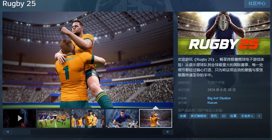 《Rugby 25》Steam页面上线售233元